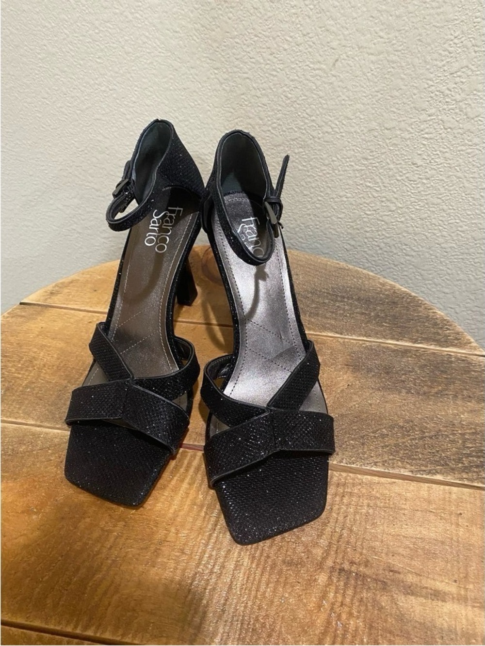Franco Sarto Black Glitter Cross-Strap Heels